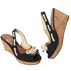 Sperry Southport‎ Nautical Slingback Black Canvas Cork Wedge Sandals Women 10M